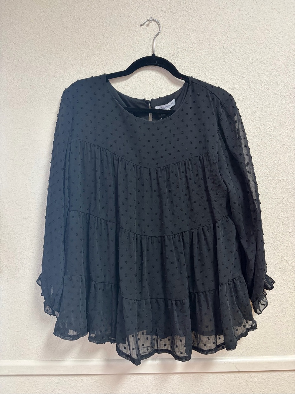 Black Swiss Dot Tiered Blouse - Women